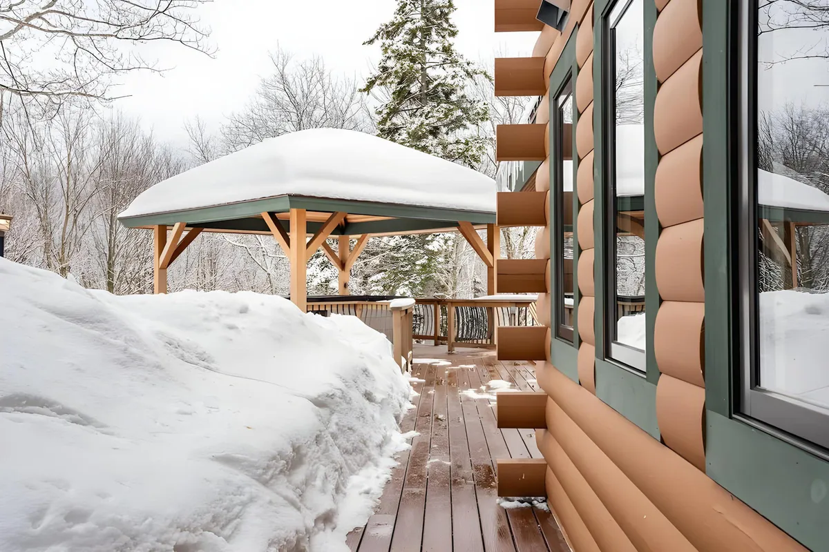 A rustic log cabin exterior with a snow-covered gazebo and wooden deck, framed by winter wilderness. The structure hints at the charm and accessibility of outdoor living and serves as a launching point for mountain exploration.