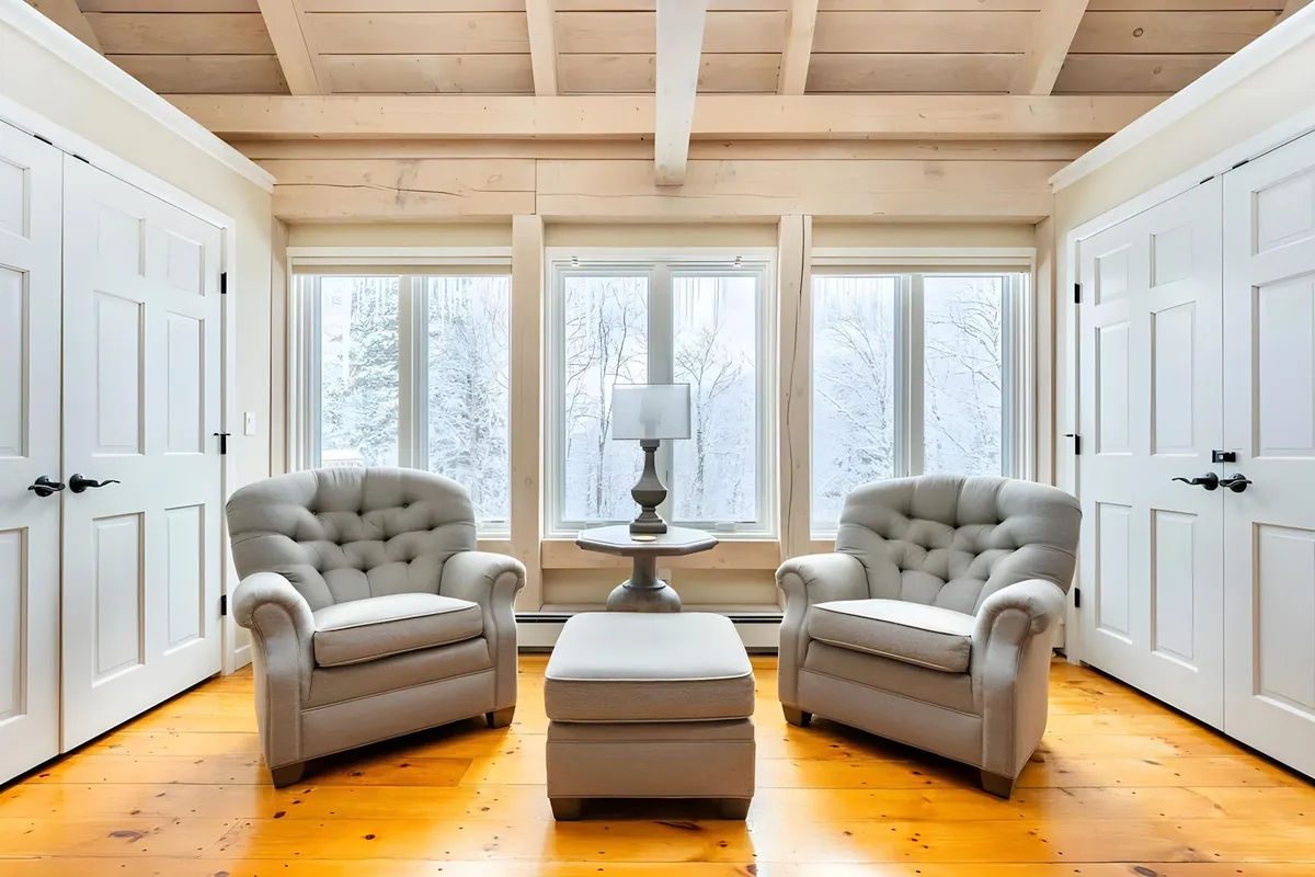 This image features two tufted armchairs and a small ottoman positioned by large windows overlooking a snowy landscape. The space is bathed in natural light and exudes a sense of calm and privacy, enhanced by the cozy seating and intimate arrangement. The outside view subtly highlights the secluded, retreat-like atmosphere, ideal for watching snowfall or sharing quiet moments.